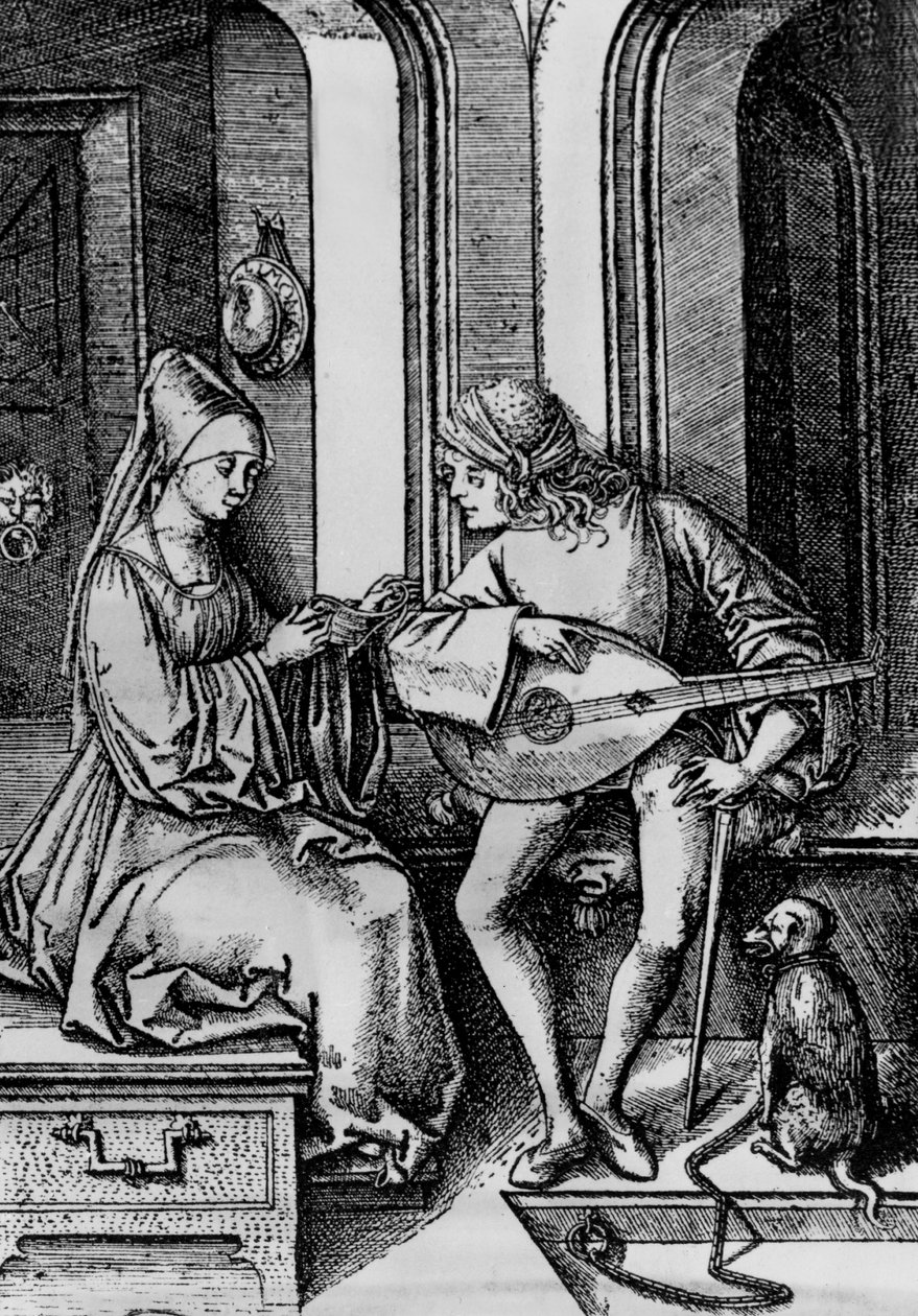 Bir erkek ud çalarken şarkı söyleyen bir kadın (gravür) by Israhel van the younger Meckenem