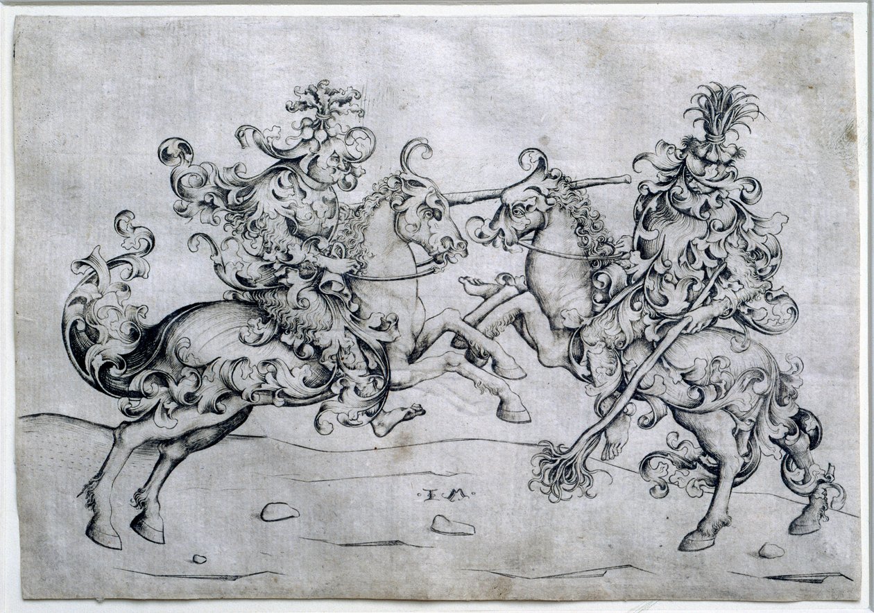 Oynayan iki binici. At sırtında iki adamın oyunu. İsrail Van Meckenem (yaklaşık 1440-1503) tarafından çizim. Louvre müzesi by Israhel van the younger Meckenem
