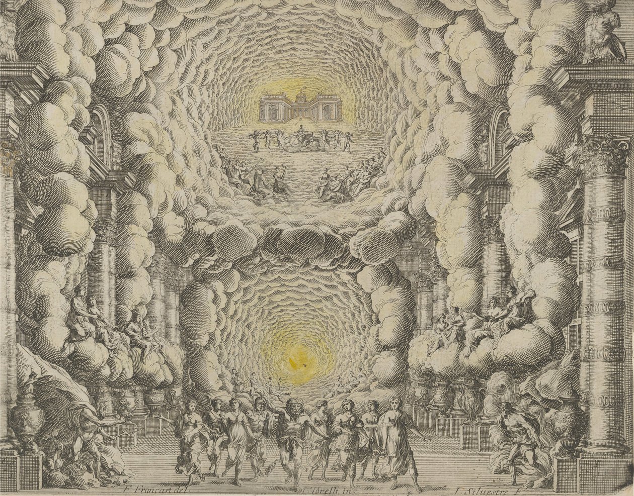 Giacomo Torelli da Fano tarafından 'Les Noces de..., 1654 balesi için yaratılan bir tiyatro seti tasarımı by Israël Silvestre