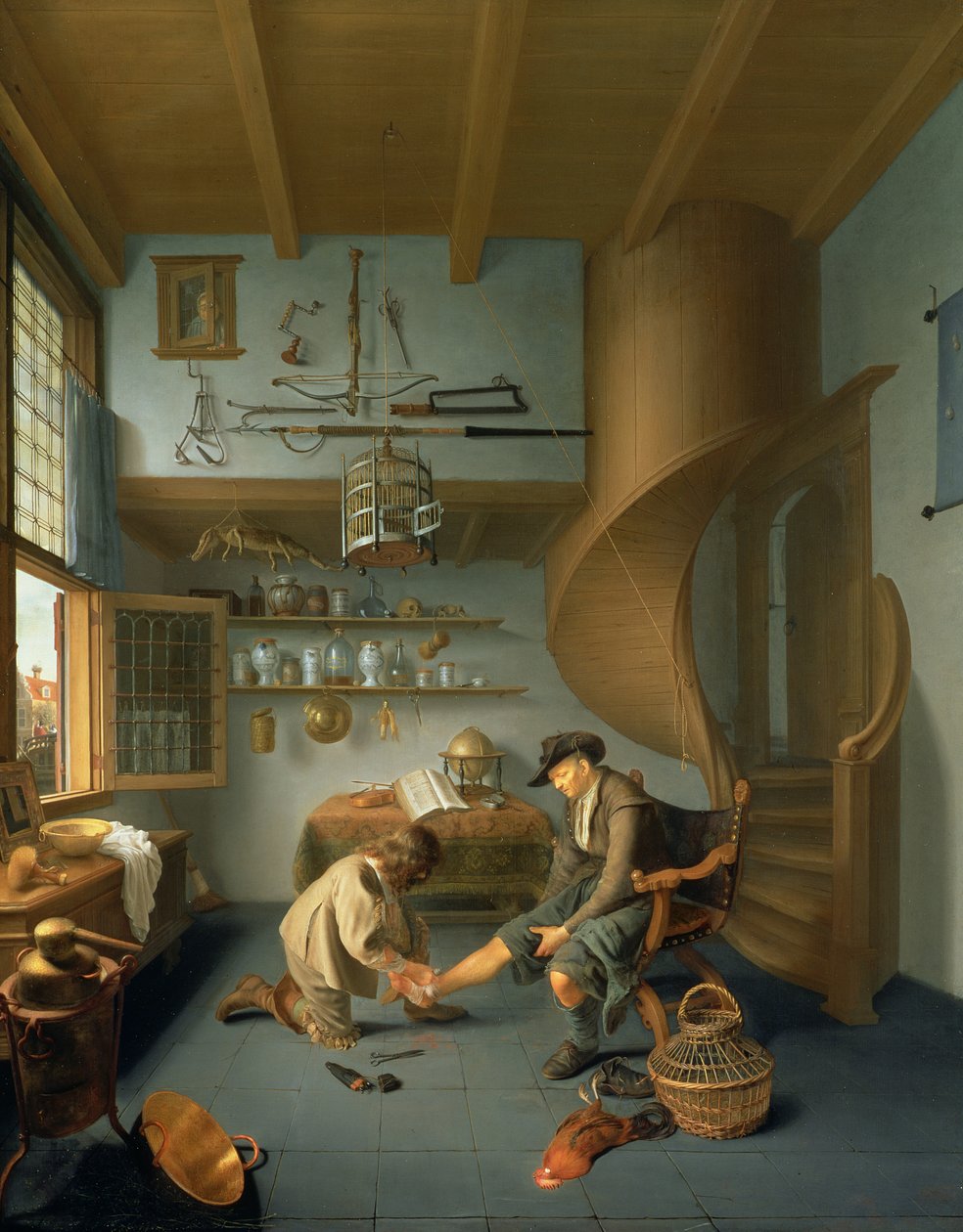 Bir köylünün ayağına bakan bir berber cerrahı, c.1650 (panel) by Issac Koedyck