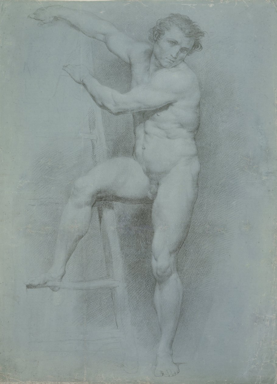 Bir merdivene yaslanmış çıplak erkek by Italian Pompeo Girolamo Batoni