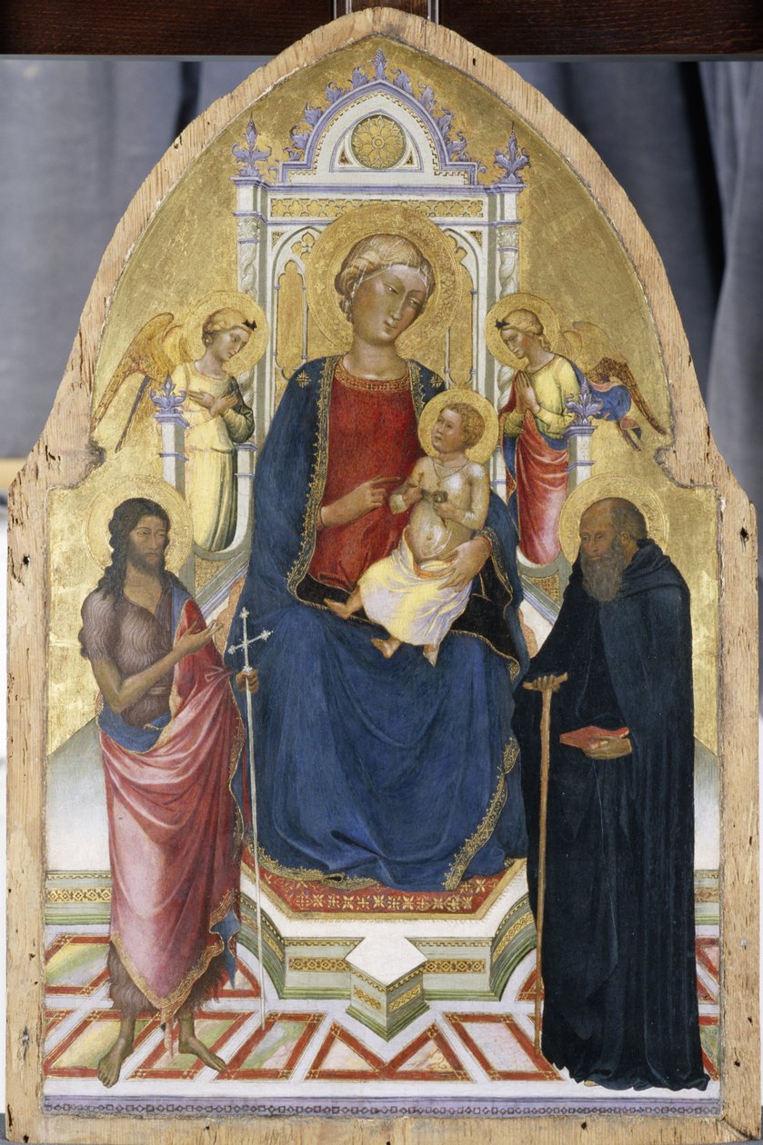 Enthroned Madonna ve Child, Vaftizci Yahya ve Anthony ile birlikte, c.1380-90 (çam ağacı üzerinde tempera) by Italian School