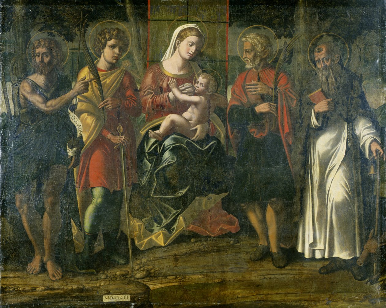 Vaftizci Yahya, Anthony ve diğer azizlerle birlikte Madonna ve Çocuk, 1534 (tuval üzerine tempera) by Italian School
