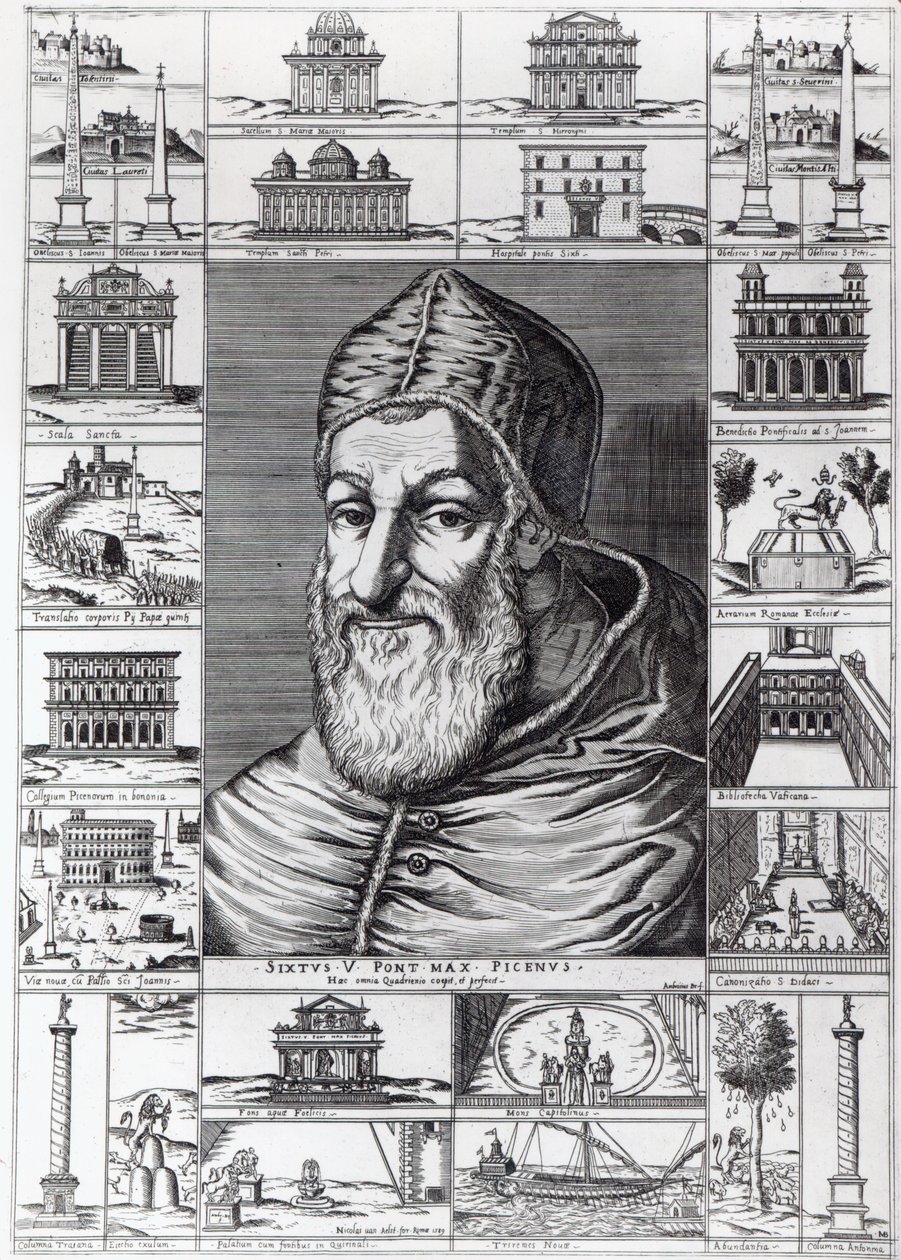 Pope Sixtus V, surrounded by the churches, buildings and monuments built or restored during his pontificate, engraved by Ambrosius, 1589  by Italian School