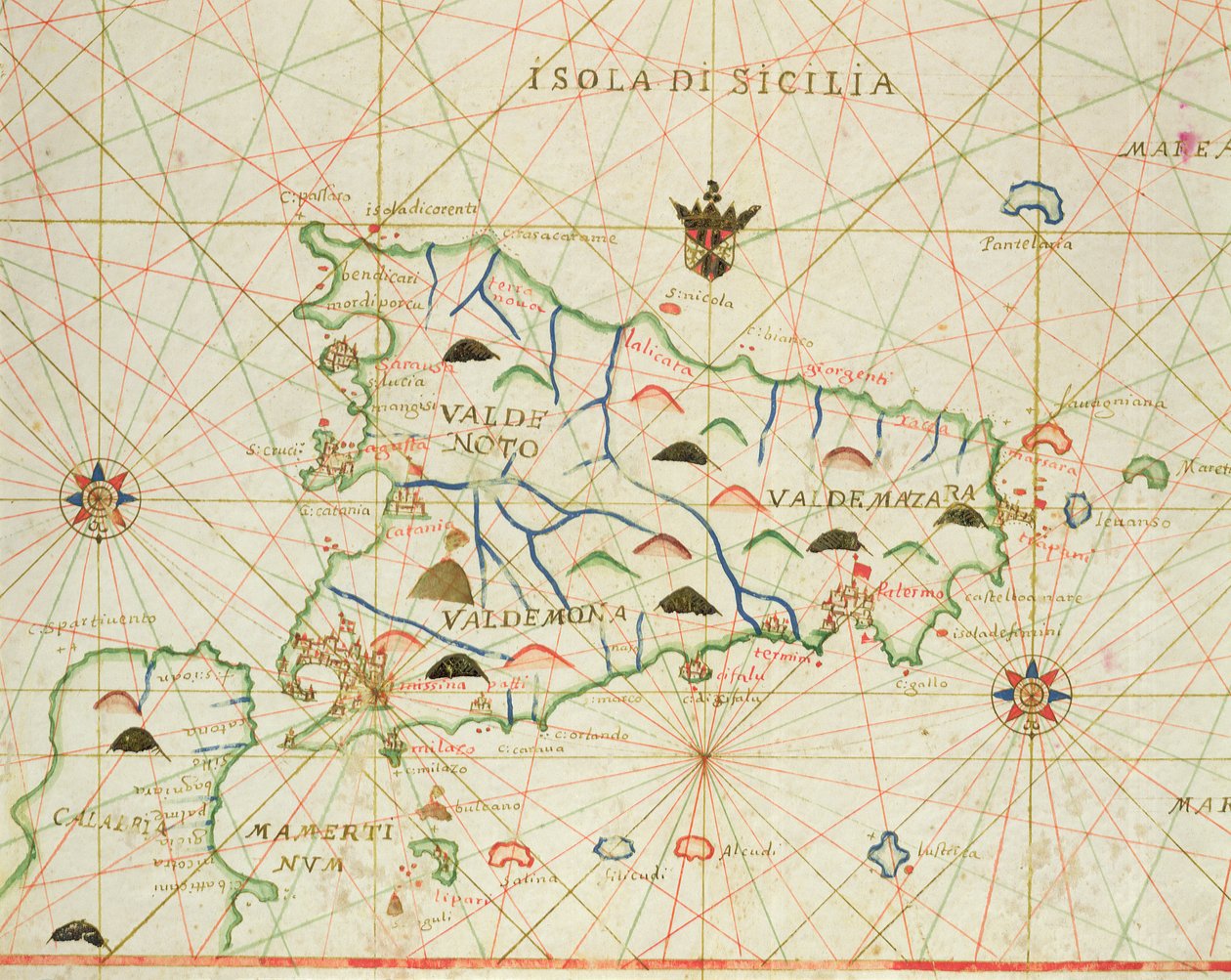 Sicilya ve Messina Boğazları, bir deniz atlasından, 1646 (parşömen üzerine mürekkep) by Italian School