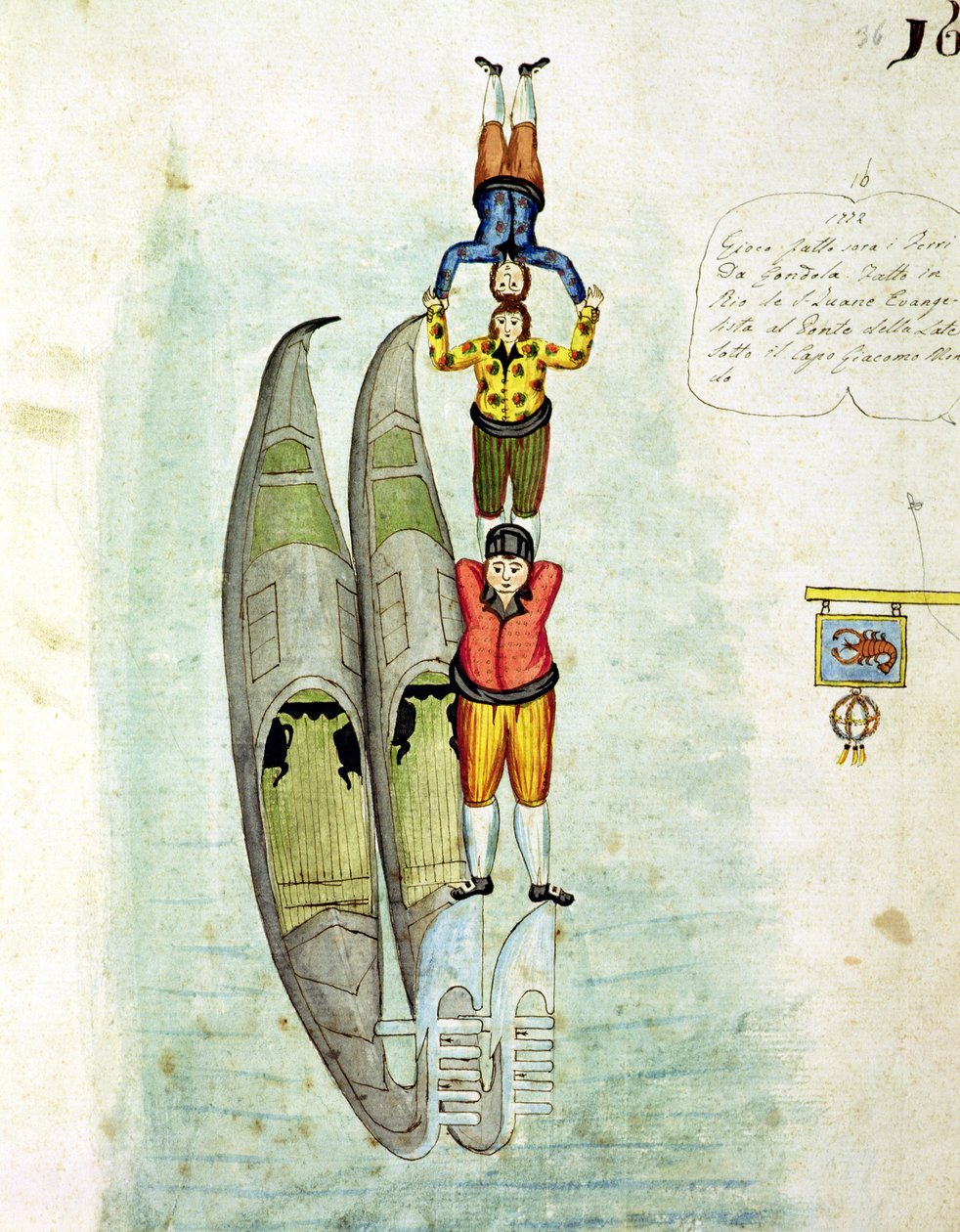İki gondol üzerinde dengede duran üç adam, 1772 by Italian School