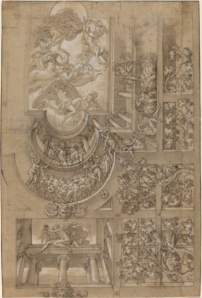 Üzüm Çardaklı İllüzyonist Tavan, Galerilerde Duran Figürler ve Olimposlu Tanrıların Merkezi Sahnesi by Italian 16th Century