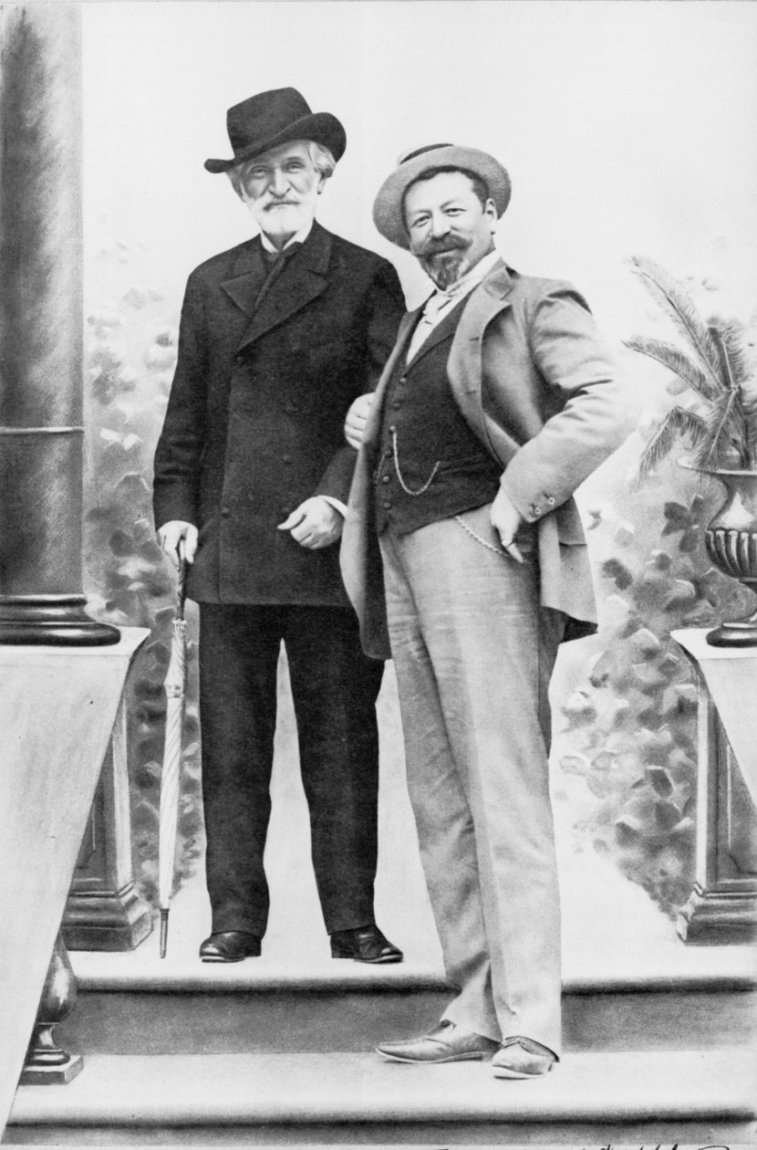 Giuseppe Verdi, İtalyan besteci (1813-1901) ve tenor Francesco Tamagno (1850-1905) 19. yüzyılın sonunda Montecatini'de. by Italian Photographer