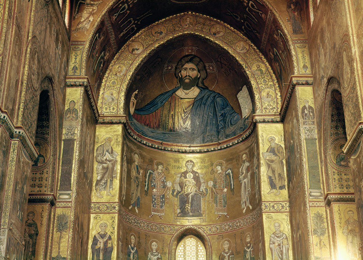 (TtoB) İsa Pantokrator; Melekler ve Havarilerle Bakire ve Çocuk, ana apsisten, 12.-13. yüzyıl (mozaik) by Italian School