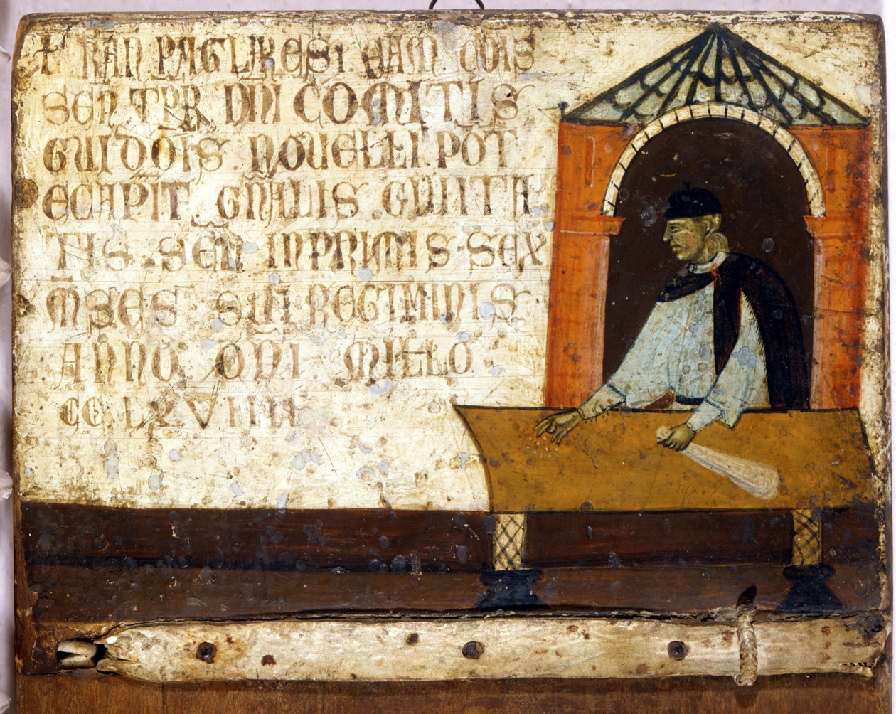 Vergilerin ödenmesini temsil eden bir Camerlingual. Biccherna (Siena şehrinin muhasebe kaydının kapağı) 1270