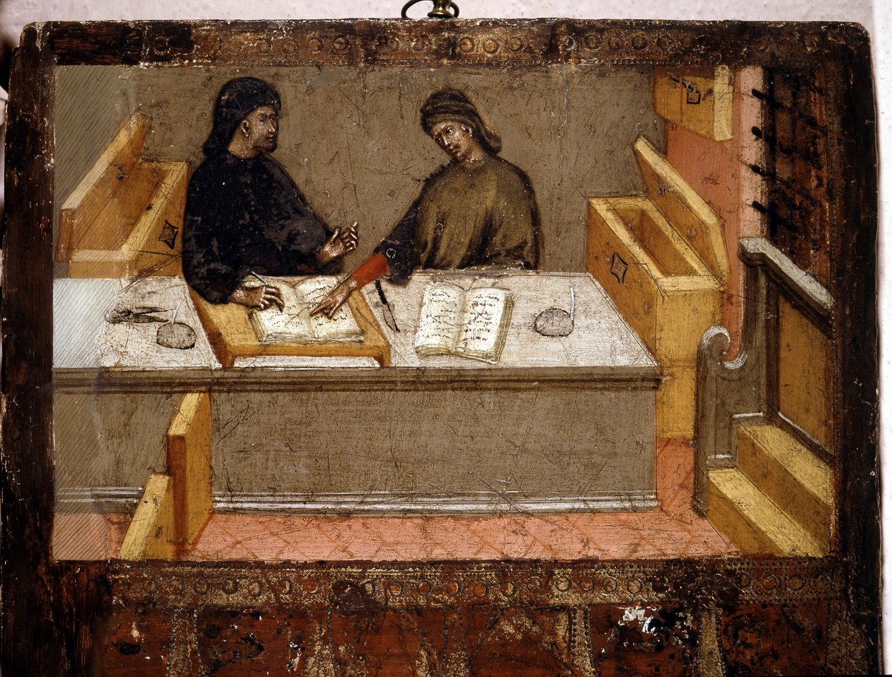 Bir Camerlinguist ve ofiste vergi tahsildarı, Biccherna (Siena şehrinin muhasebe kaydının kapağı) 1394
