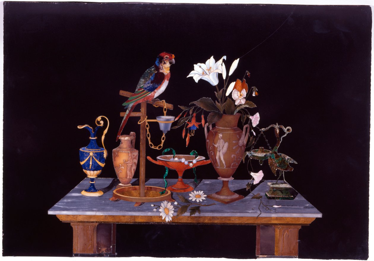 Etrüsk krater vazosu, çiçek ve ibrik vazosu ile bir masanın üzerinde tüneğinde bir papağan olan Floransalı bir pietra dura levhası, 1870 dolayları by Italian School