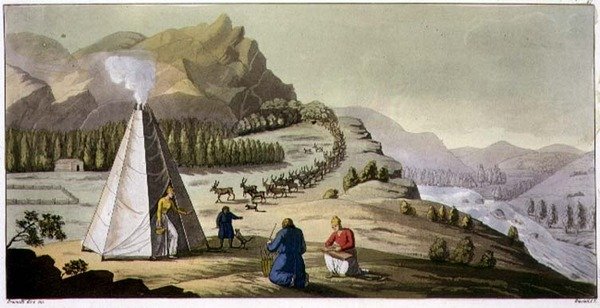 Dağdan İnen Ren Geyiği Sürüsü ile Bir Laplander Kulübesi veya Sekizgen Çadır, 