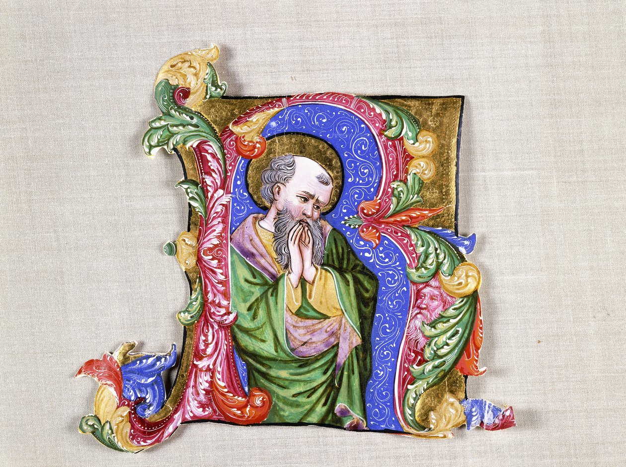 A Praying Saint, büyük bir geçmişe sahip başlangıç R, c.1400 (geçmişe geçmiş bir başlangıç, parşömen üzerindeki bir antifonalden kesilmiş) by Italian School