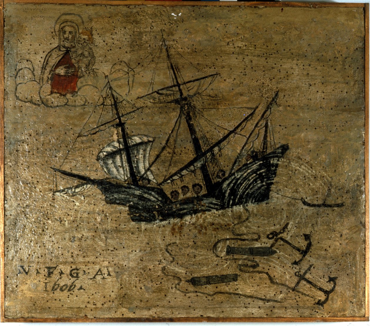 Bir kalyon, fırtına sırasında serbest bırakmak için çapa ve iki top fırlatır. Ex voto de 1610 del l