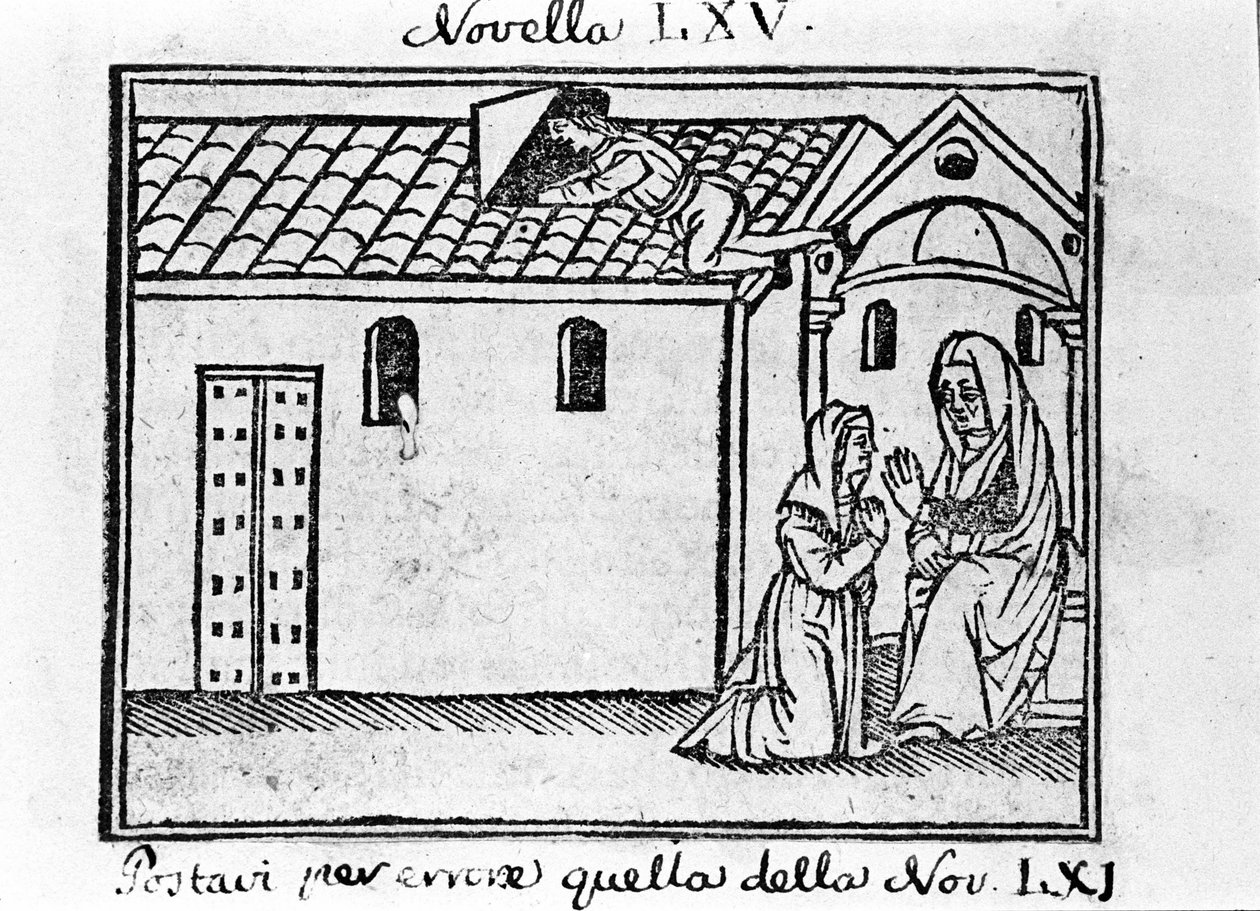 Kıskanç bir koca, zina eden karısının itirafını toplamak için rahip olduğunu reddeder. İtalyan yazar Giovanni Boccaccio dit Jean Boccaccio (1313-1375) tarafından “Decameron”un 65. haberi için (yedinci günün yeni 5) illüstrasyonu. gravür by Italian School