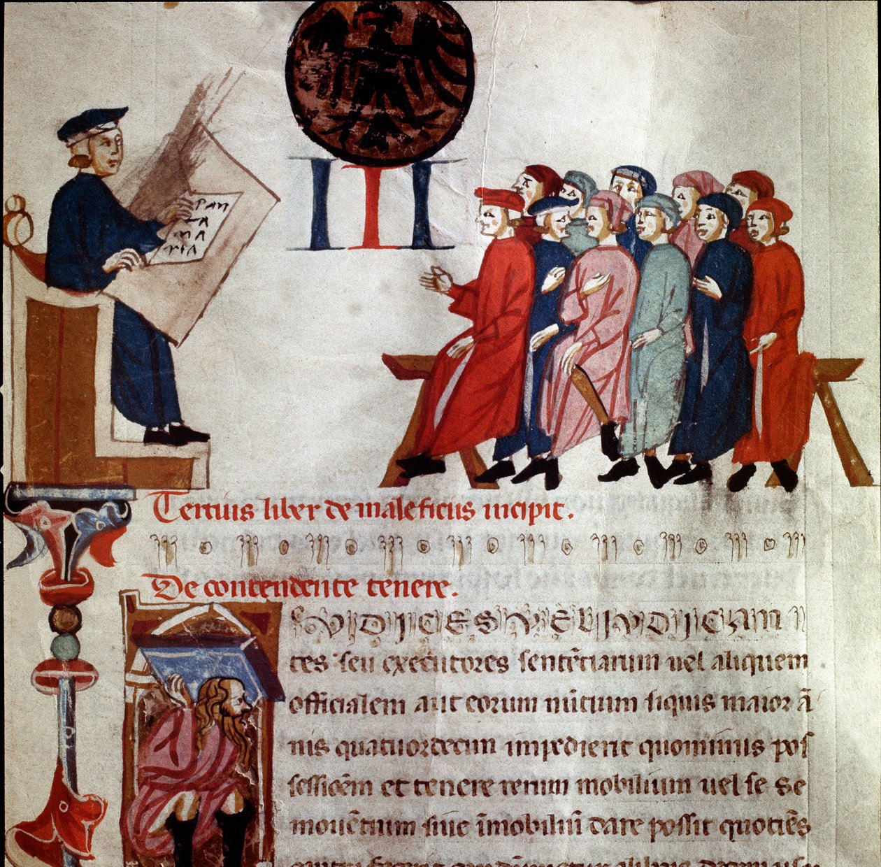 Birleştirilmiş Detayı tutan güçlü bir adam. Minyatür "" Short Populi et Compagniarum Pisani Communis "" (Pisa Şehri Tüzüğü) 1300-1308 Pisa devlet arşivinden alınmıştır. by Italian School