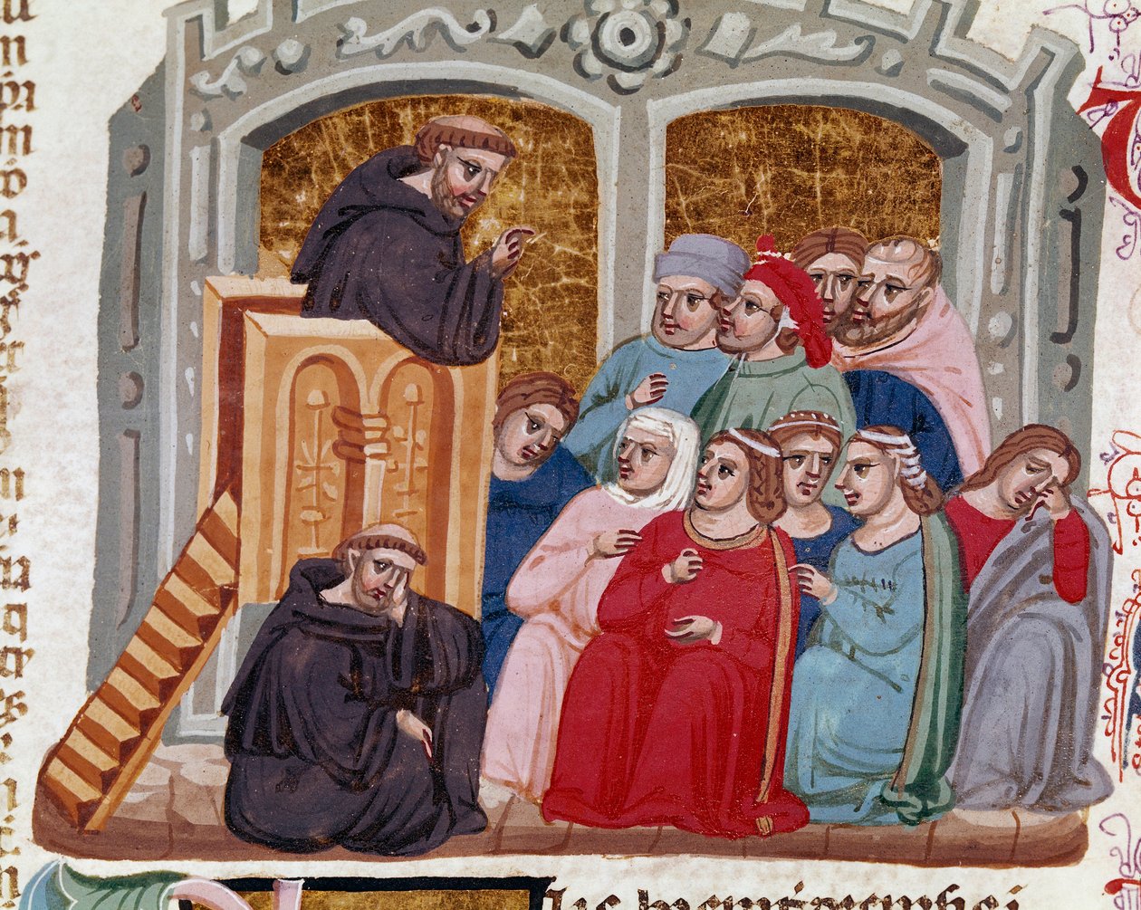 "Decret de Gratien"den ("Concordia discordantium canonum" veya "Decretum Gratiani") bir Minyatür fideles kalabalığına hitap eden ve Roma Katolik Kilisesi