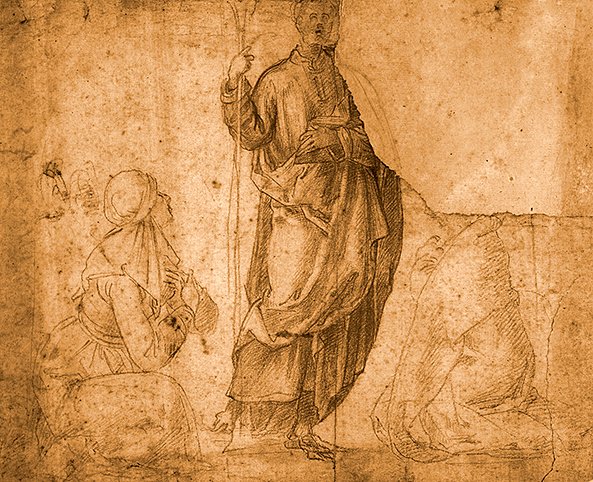 İki diz çökmüş kadınla bir aziz (kağıt üzerinde kırmızı tebeşir) by Italian School