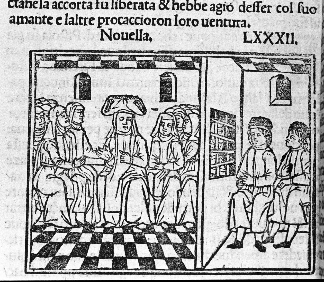 Bir rahibenin aşk hikayesi. İtalyan yazar Giovanni Boccaccio dit Jean Boccaccio (1313-1375) tarafından “Decameron”un 82. haberi (dokuzuncu günün yeni 2) için illüstrasyonu. Gravür “” Decamerone ouer Cento nouelle” Venedik, Bartolomeo de 
