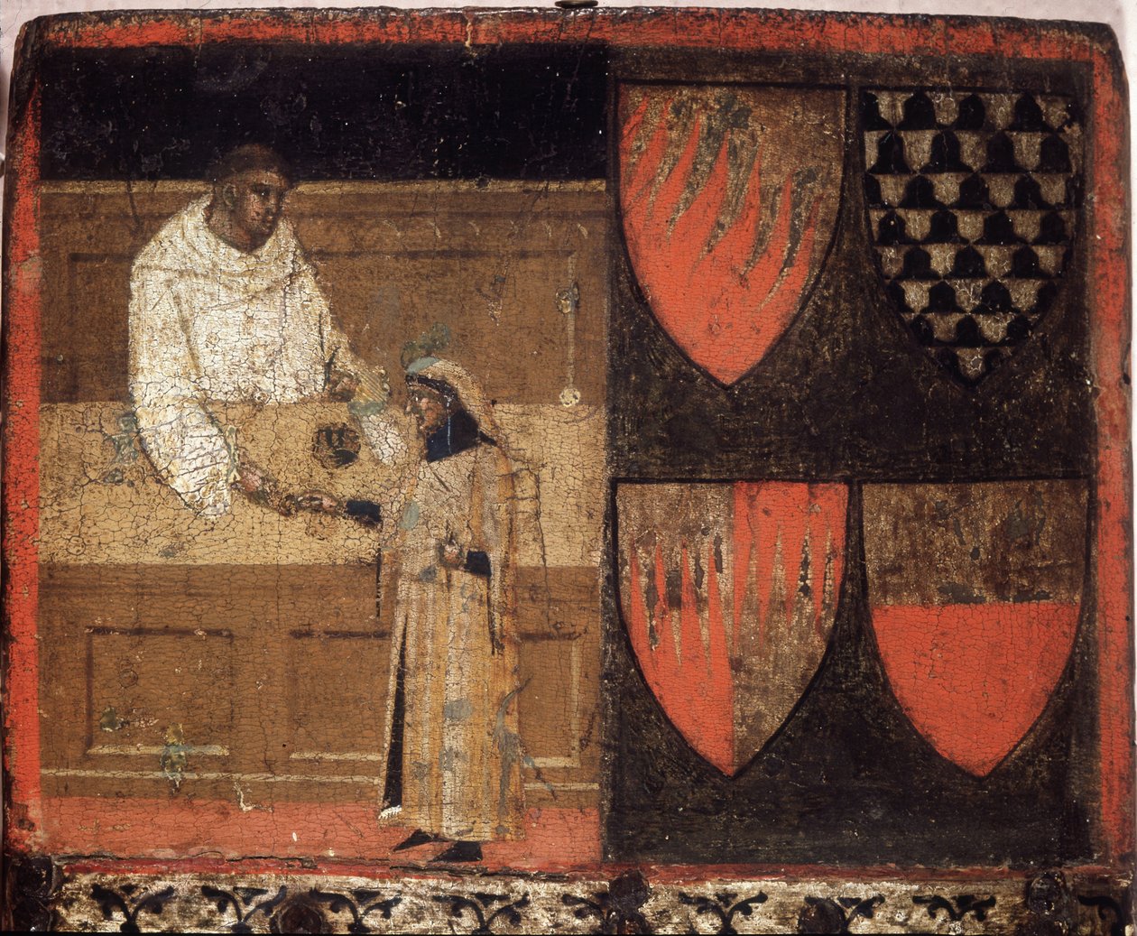 Bir vergi tahsildarı ve bir vergi mükellefi, Biccherna (Siena şehrinin muhasebe kaydının kapağı) 1340'tan. Ulusal Arşiv - Museo delle Tavolette de Bicherna, Siena. by Italian School