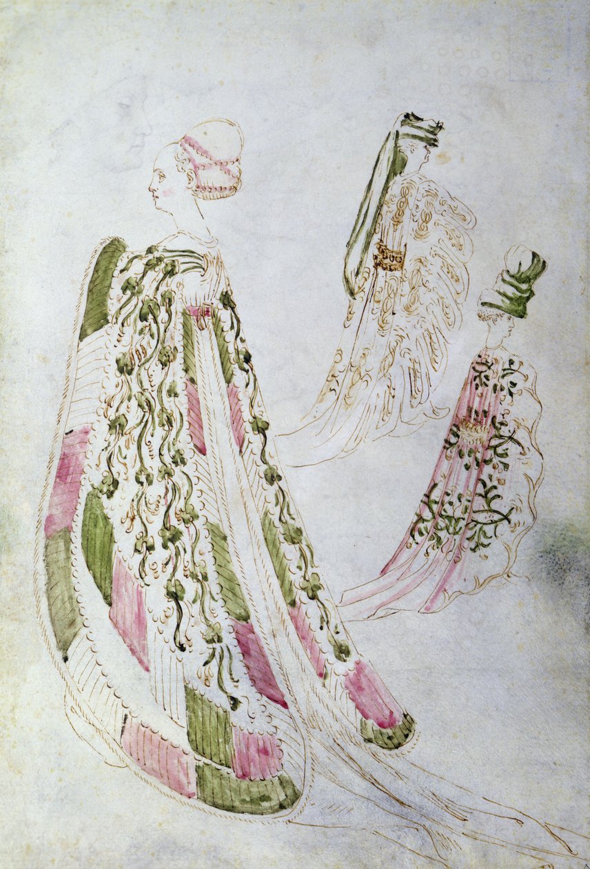 Uzun palto giyen bir kadın ve iki erkek, c.1450 (kağıt üzerine mürekkep ve sulu boya) by Italian School