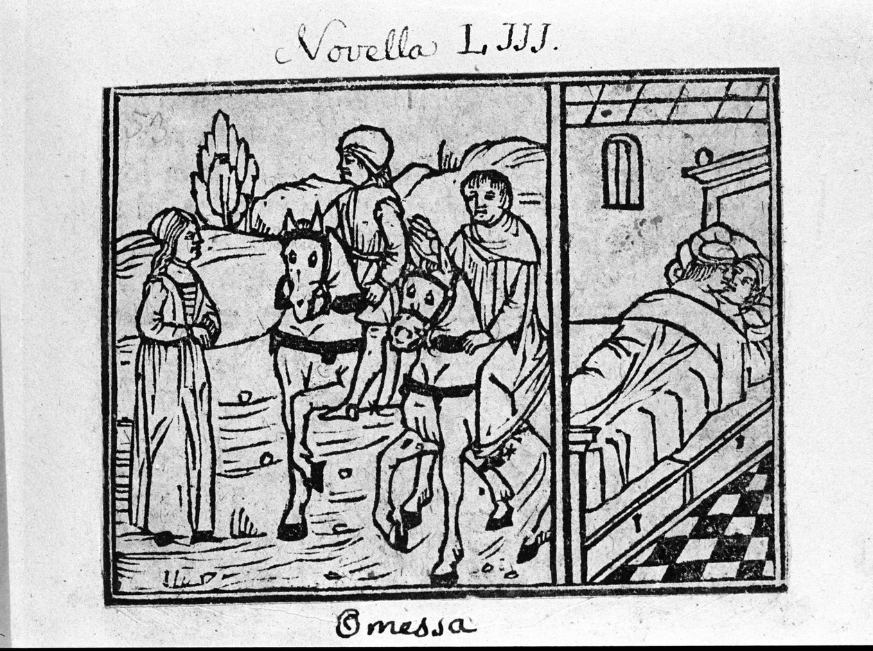 Bir kadın iki atlıyla tanışır ve bir odada bir çift vardır. İtalyan yazar Giovanni Boccaccio dit Jean Boccaccio (1313-1375) tarafından “Decameron”un 53. haberi (6. günün 3. haberi) için illüstrasyon. Gravür “” Decamerone ouer Cento nouelle” Venedik, B by Italian School