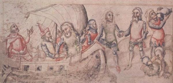 Ekle 15477 fol.2v Jason yolculuğuna çıkıyor, Guido de Columnis (parşömen) tarafından yazılan 