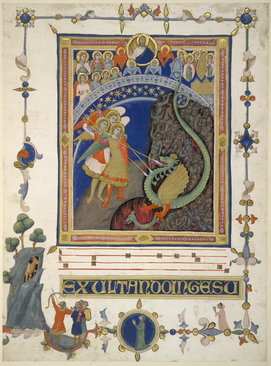 Ekle. 35254 B St. Michael ve melekleri, ejderha ve ev sahibi (parşömen) ile savaşta by Italian School
