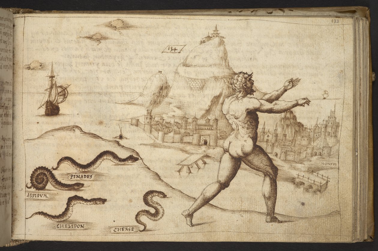Ekle. 82955, f.133   İnsan figürü peşinde koşan yılanlar.  , Historia Animalium