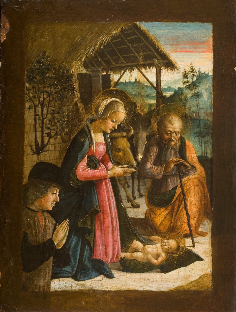 Bağışçı portresi ile Çocuğa Tapınma, c.1500 (panelde mizaç) by Italian School