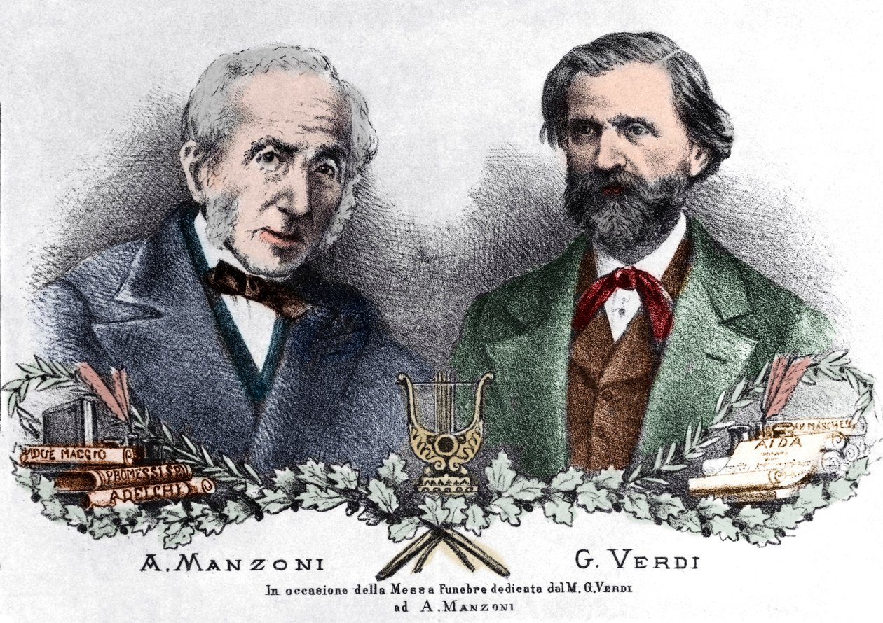 Alessandro Manzoni ve Giuseppe Verdi, Messa da Requiem vesilesiyle (renkli gravür) by Italian School