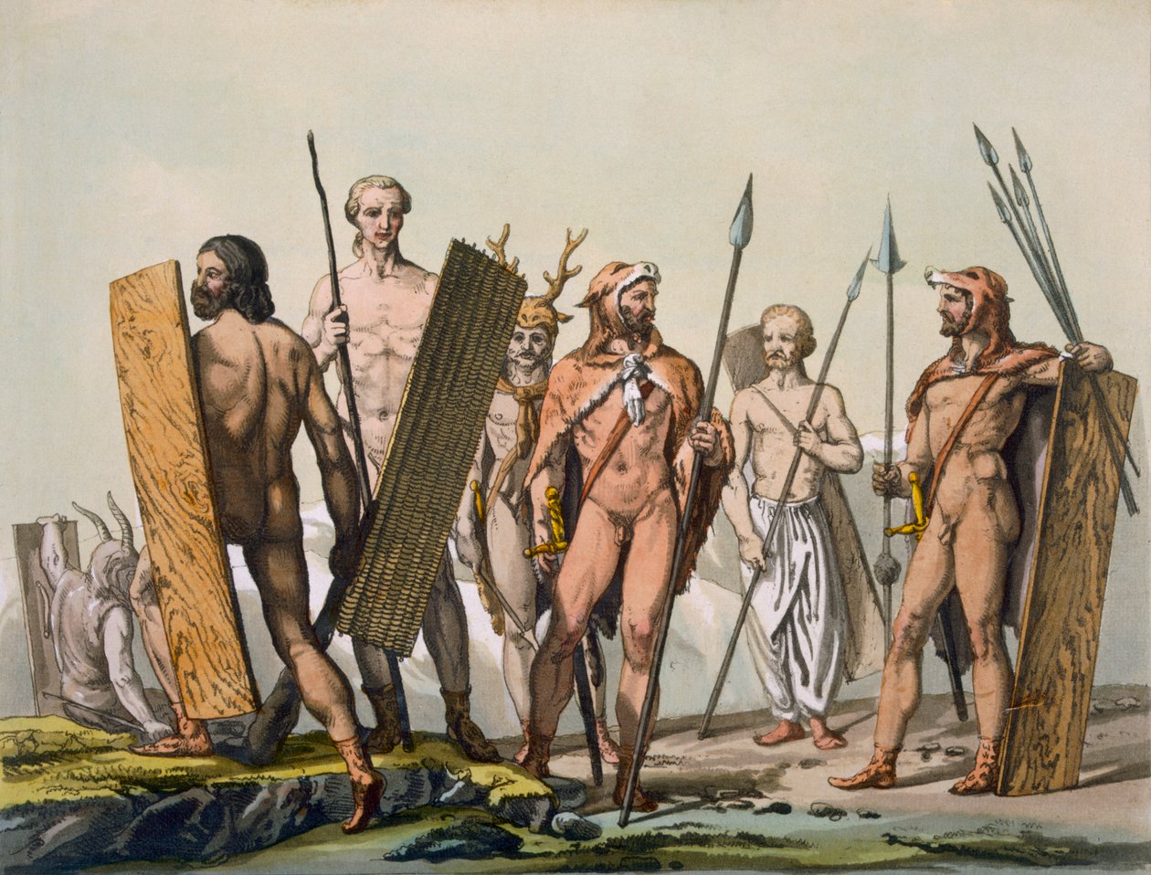 Savaş için giyinmiş antik Kelt savaşçıları, bir şamanla, c.1800-18 by Italian School
