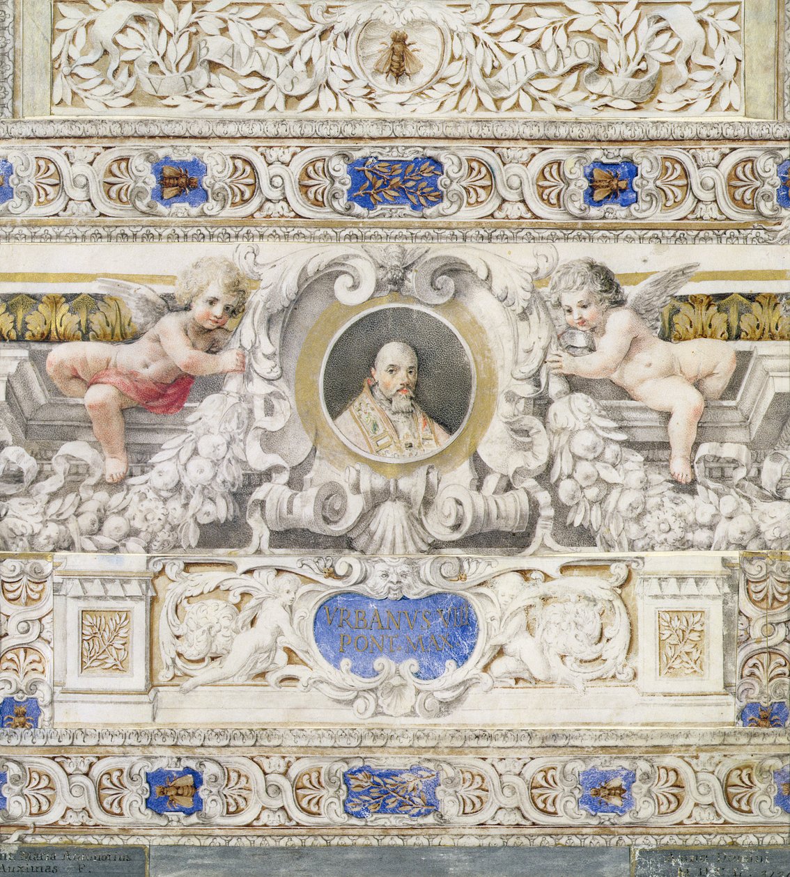 Muhtemelen 17. yüzyılda (wc) bir kartuşta Pope Urban VIII (1568-1644) portresi ile mimari şema by Italian School