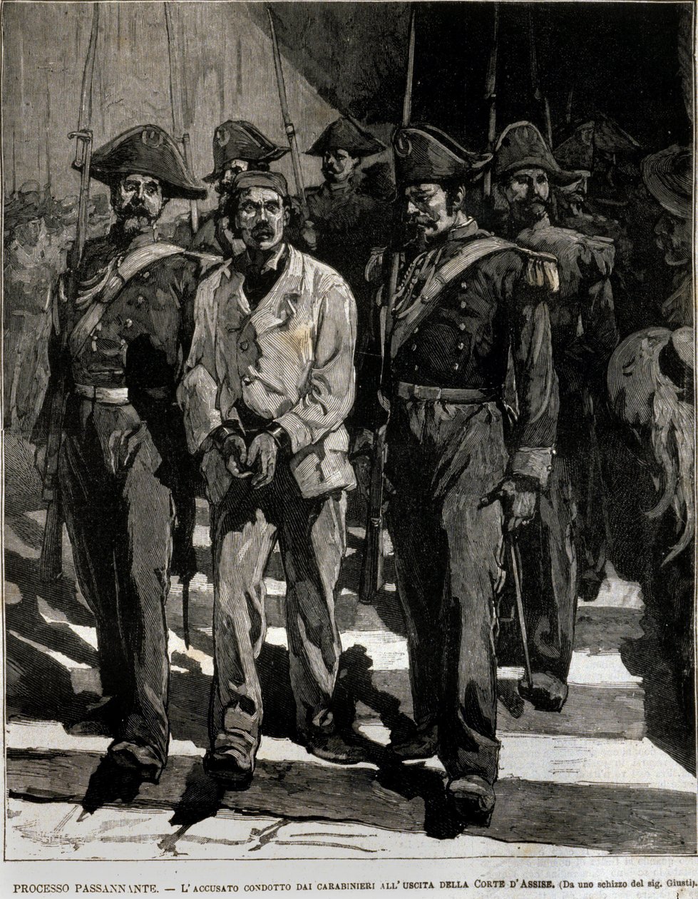 1878'de Napoli'de İtalyan kralı I. Umberto'ya (Humbert I) saldırıyı gerçekleştiren Giovanni Passannante'nin (1849-1910) tutuklanması. Bu olay şair Giovanni Pascoli'ye (1855-1912) bir Gazel'inde ilham kaynağı oldu. 19. yüzyıl gravürü by Italian School