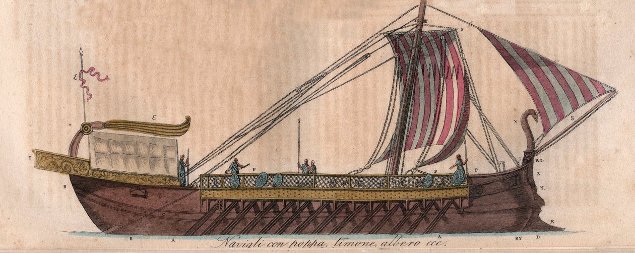 Atina triremi, MÖ 4. Yüzyıl (acrostolium) - Triere ou trireme - Evrenin Tüm Halklarının “” Gümrük ve Geleneklerinden gravür. Bu, hükümetin, yasaların, milislerin, en eski zamanlardan bu yana tüm ulusların dininin tarihidir. by Italian School