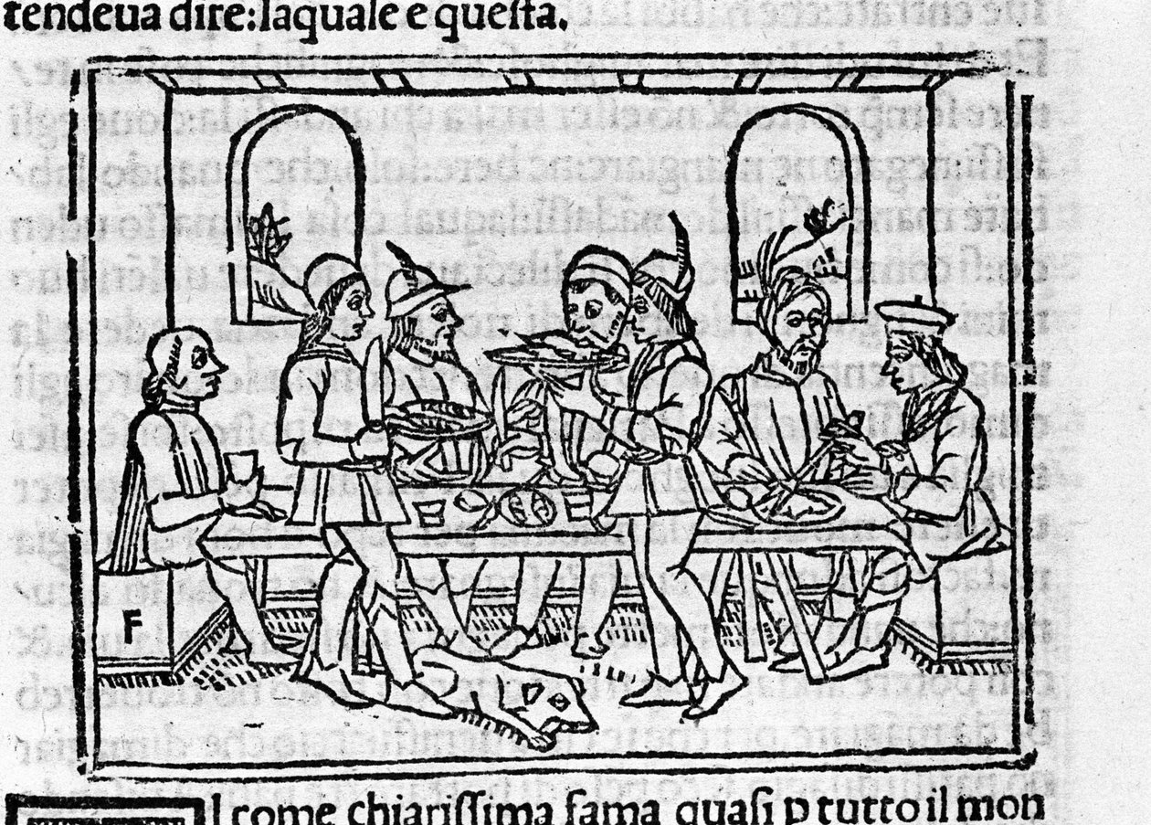 Floransalı soyluların huzurunda ziyafet sahnesi. Giovanni Boccaccio dit Jean Boccace (1313-1375), İtalyan yazar tarafından “Decameron” için illüstrasyon. Gravür “” Decamerone ouer Cento nouelle”” Venedik, Bartolomeo de 
