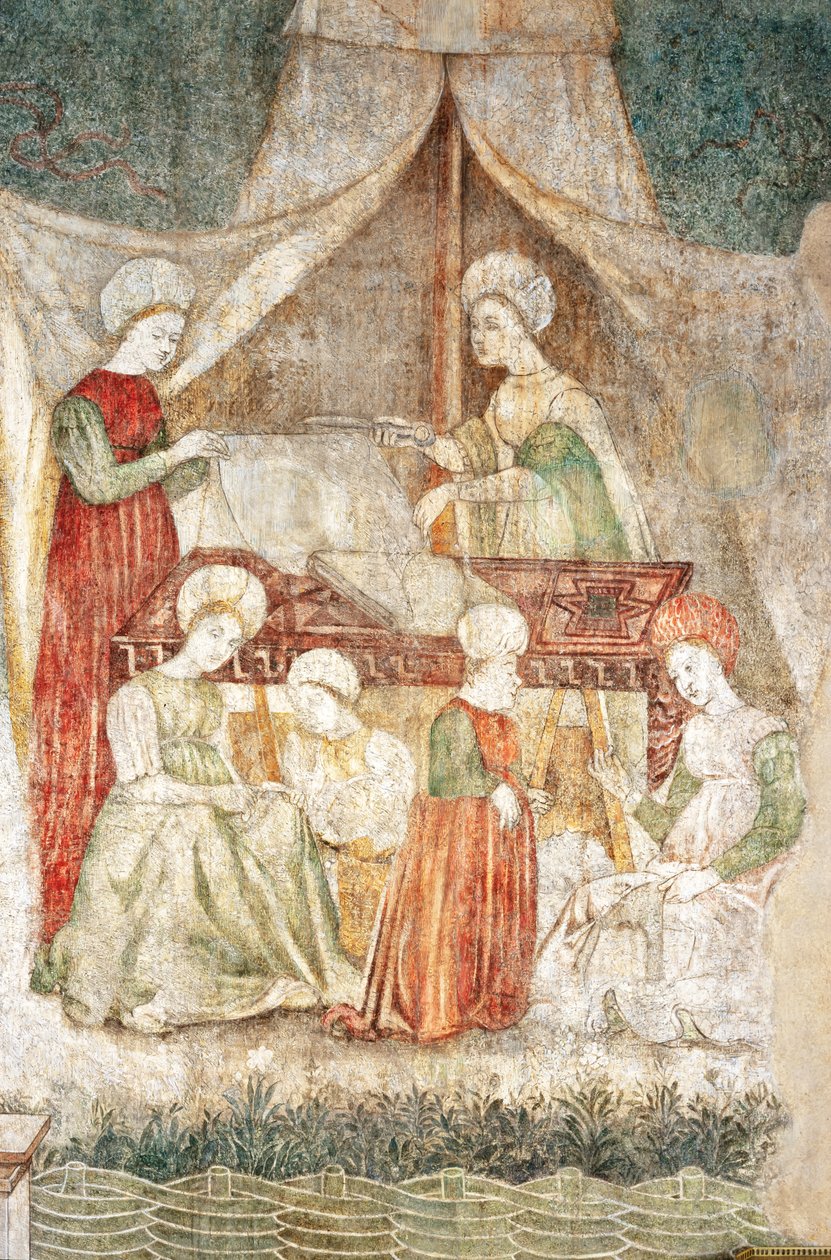 Bicocca degli Arcimboldi: 15. yüzyıldan kalma fresk, kumaş kesiminin detayı ve bir cüce (fresk) by Italian School