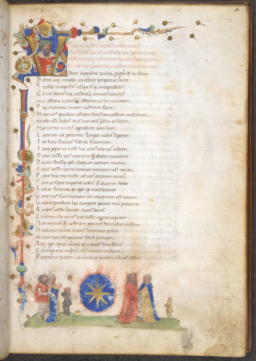 Burney 227 f.3 Verona'lı Stella ailesinin bir üyesi: ailenin kolları: masmavi, sekiz köşeli bir yıldız, 'Amphitruo, Sekiz komediden önsöz ve argümanlarla' Titus Maccius Plautus, c.1440 (mürekkep, renk ve parşömen üzerine altın) by Italian School