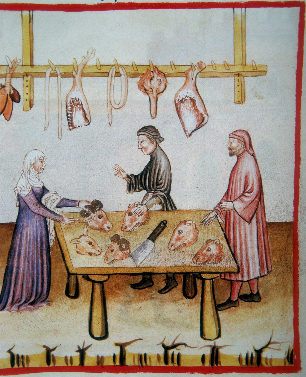 Hayvan kafalarını kesmek. Codex Vindobonensis Serisi Nova 2644 (fol.76v), Tacuinum Sanitatis