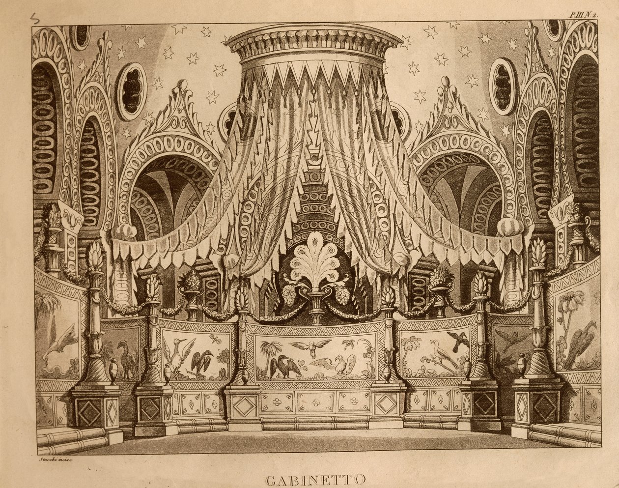 Kabine, Gioachino Rossini (litho) tarafından 'Ricciardo ve Zoraide'nin 1. perdesi için set tasarımı by Italian School
