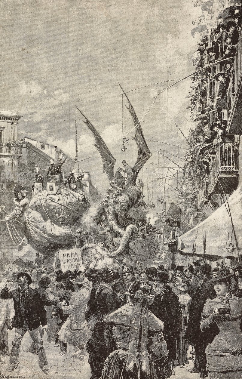 Karnavalın son gününde geçit töreni yapan arabalar, Napoli, İtalya, Matania