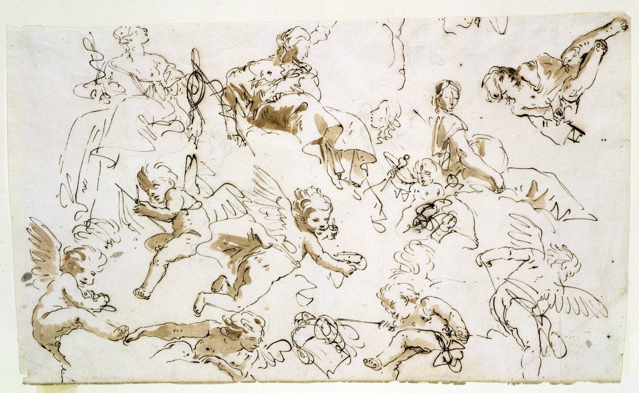 Cherubs, 18. yüzyılın başlarında (kalem ve mürekkep ve kağıt üzerinde yıkama) by Italian School