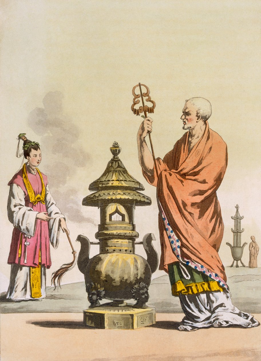 Çin Taocu dini gelenekleri: Fumagalli ve Bramatti tarafından oyulmuş tören kıyafetleri içinde bir bonzo, c.1820-30 (renkli gravür) by Italian School