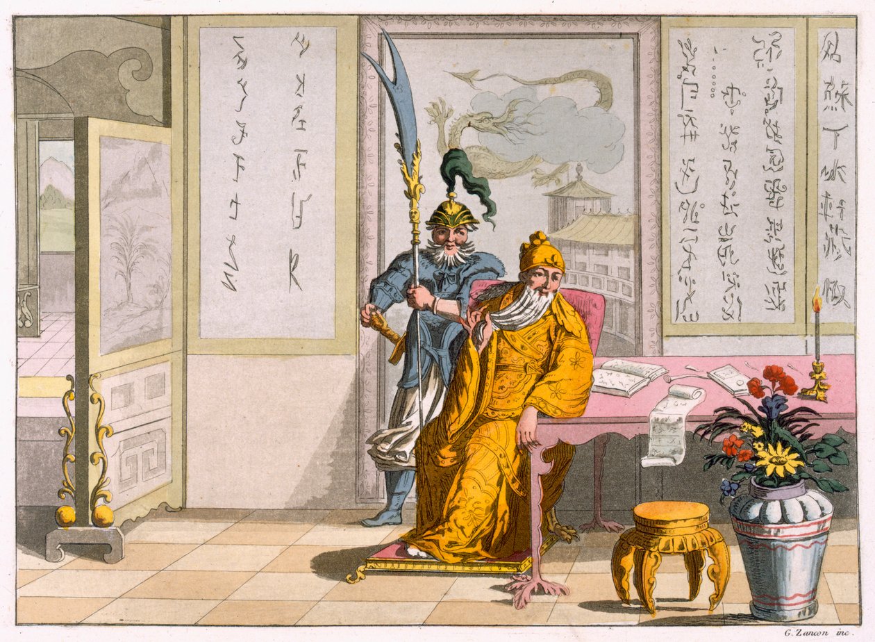 Çinli Taocu dini liderler: Fumagalli ve Bramatti tarafından oyulmuş İlahiyat Kuan-ti, c.1820-30 (renkli gravür) by Italian School