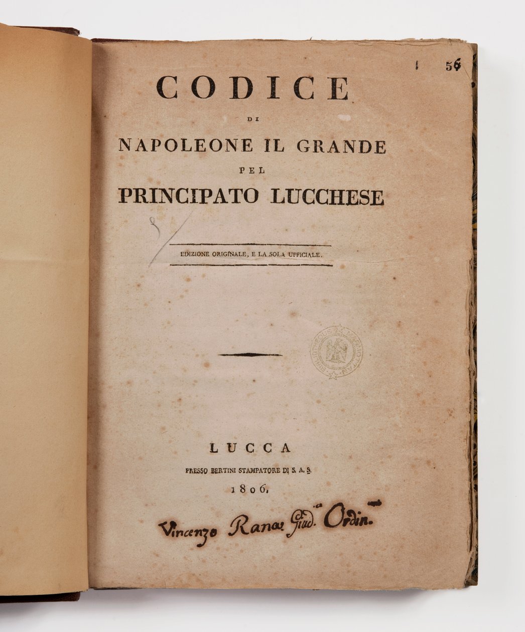 Lucca Prensliği için Büyük Napolyon Kanunu, ilk resmi baskı, Lucca, Presso Bertini, 1806 ve Lucca ve Piombino, Lucca, Fr. Bertini, 1807 by Italian School