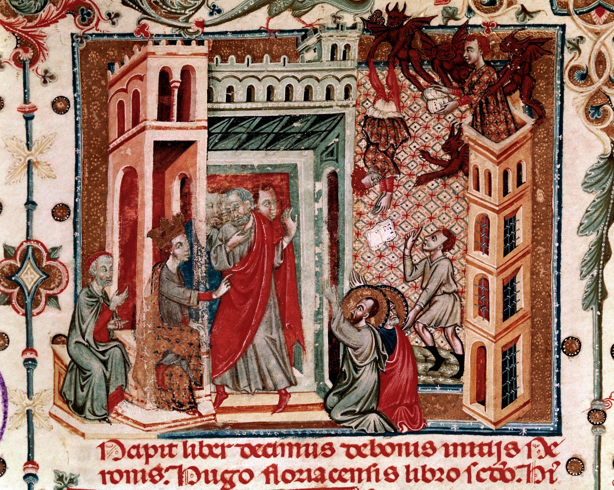 Codices Cavenses, Cod.25 f.181, Simon Magus, the Emperor Nero, and the Apostles, Speculum Historiale