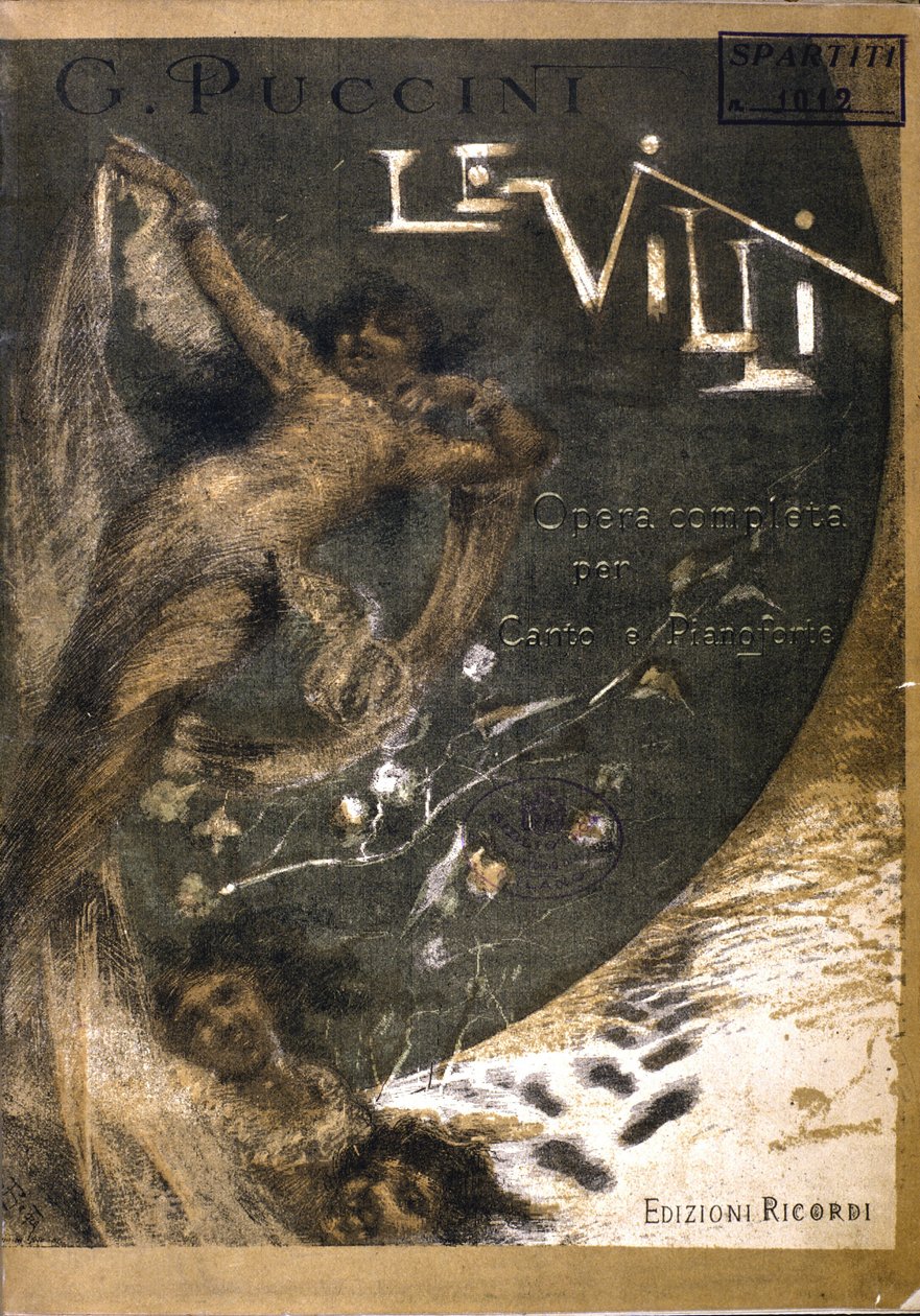 Puccini'nin Chant and Piano (1858 - 1924) için iki perdelik “Le Villi”, Opera (1884) için nota kapağı. Ricordi Sürümleri. by Italian School