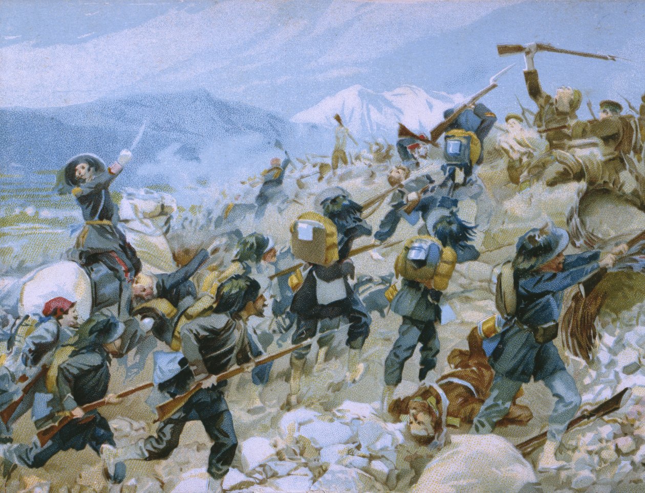 Kırım savaşı ve Chernaya savaşı, 16 Ağustos 1855, Risorgimento tarihi üzerine bir albümden illüstrasyon, çikolata Talmone için yapılmış, 19. yüzyılın sonlarında by Italian School