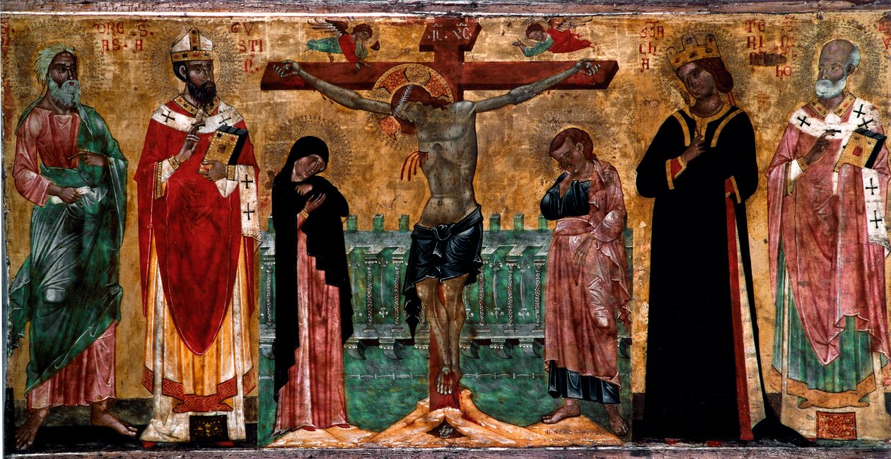 Çarmıha gerilme ve azizler Veneto Bizans okulunun anonim sanatçısı tarafından ahşap boyama. karartmak 61x113 cm Venedik, Museo Correr, n. 381 by Italian School